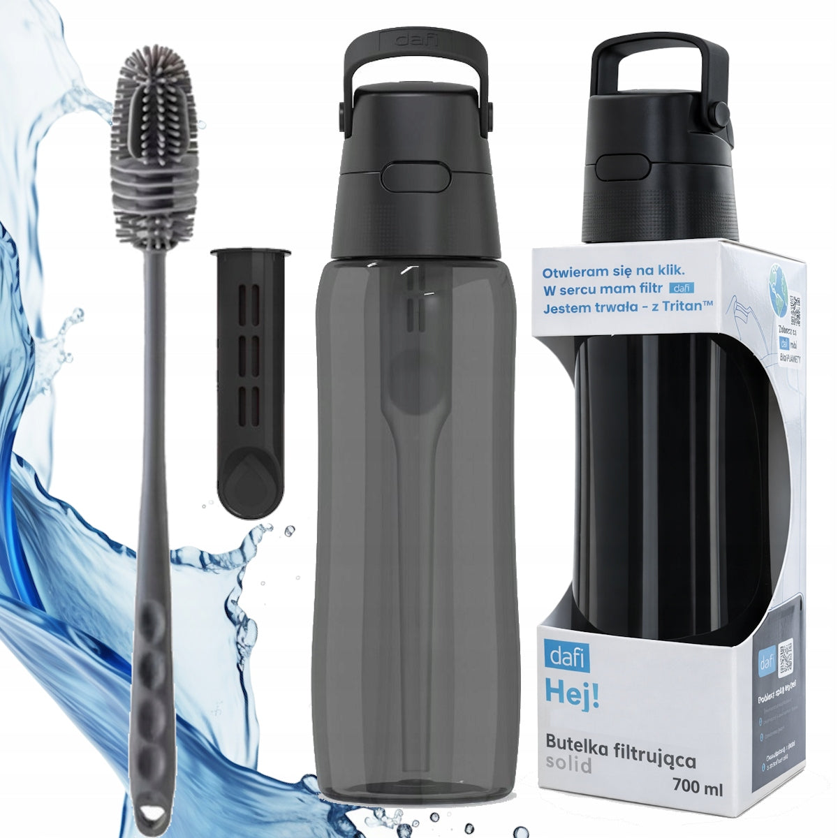 Dafi Solid filtravimo butelis 0,7 l su filtru ir valymo šepetėliu (juodas)