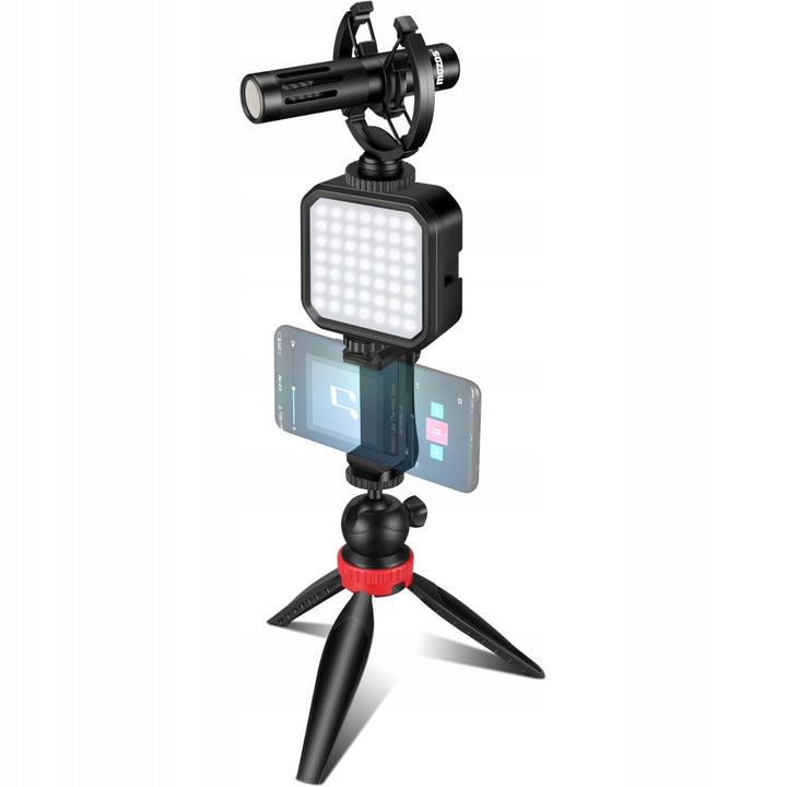 Mini video LED lempa mikrofonas statyvėlis telefonui vlogging