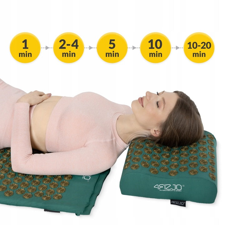 Akupresūrinis kilimėlis su masažiniais dygliais, stimuliuoja kraujotaką, su XL dydžio pagalve