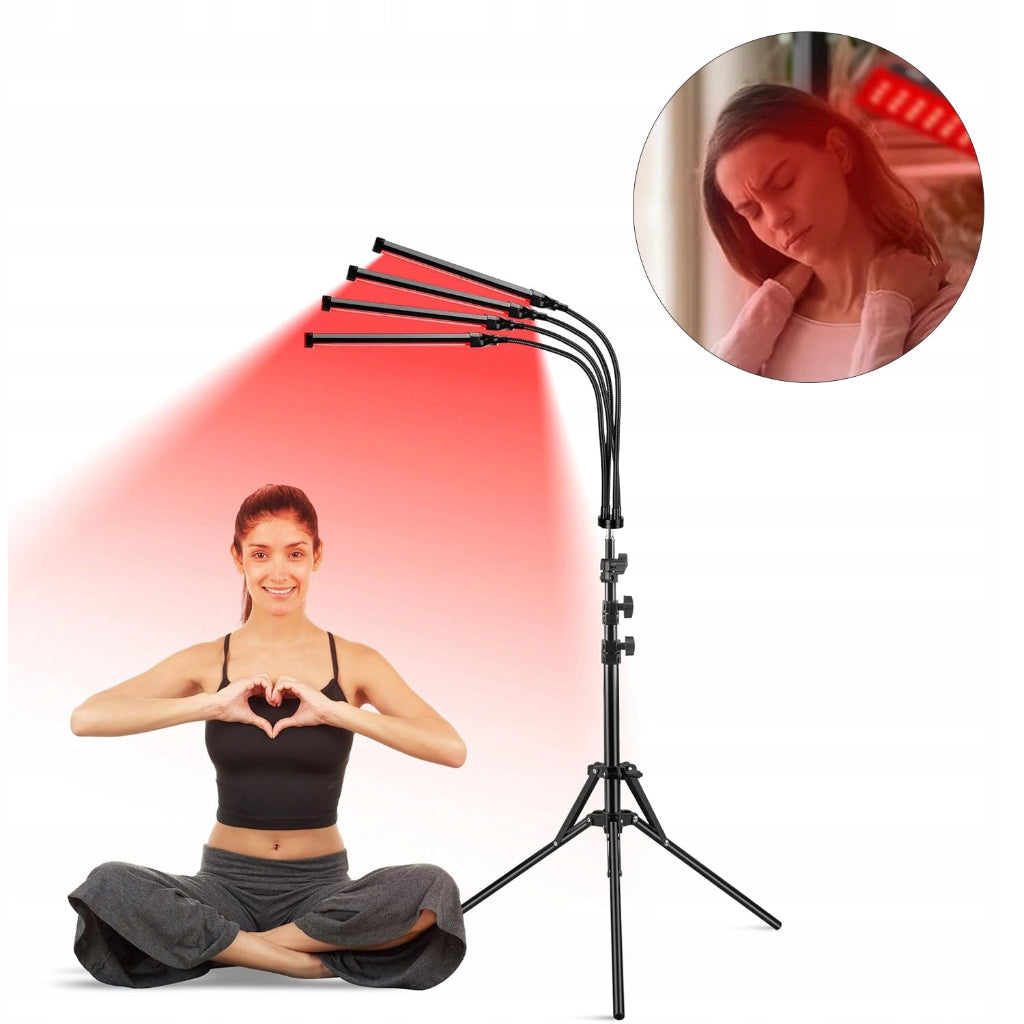 Juoda infraraudonųjų spindulių terapinė lempa su 180 LED, skirta šviesos terapijai ir raumenų atpalaidavimui, su reguliuojamu trikoju.