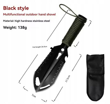 6 viename daugiafunkcis mini kastuvas su peiliu, pjūklu ir dėklu