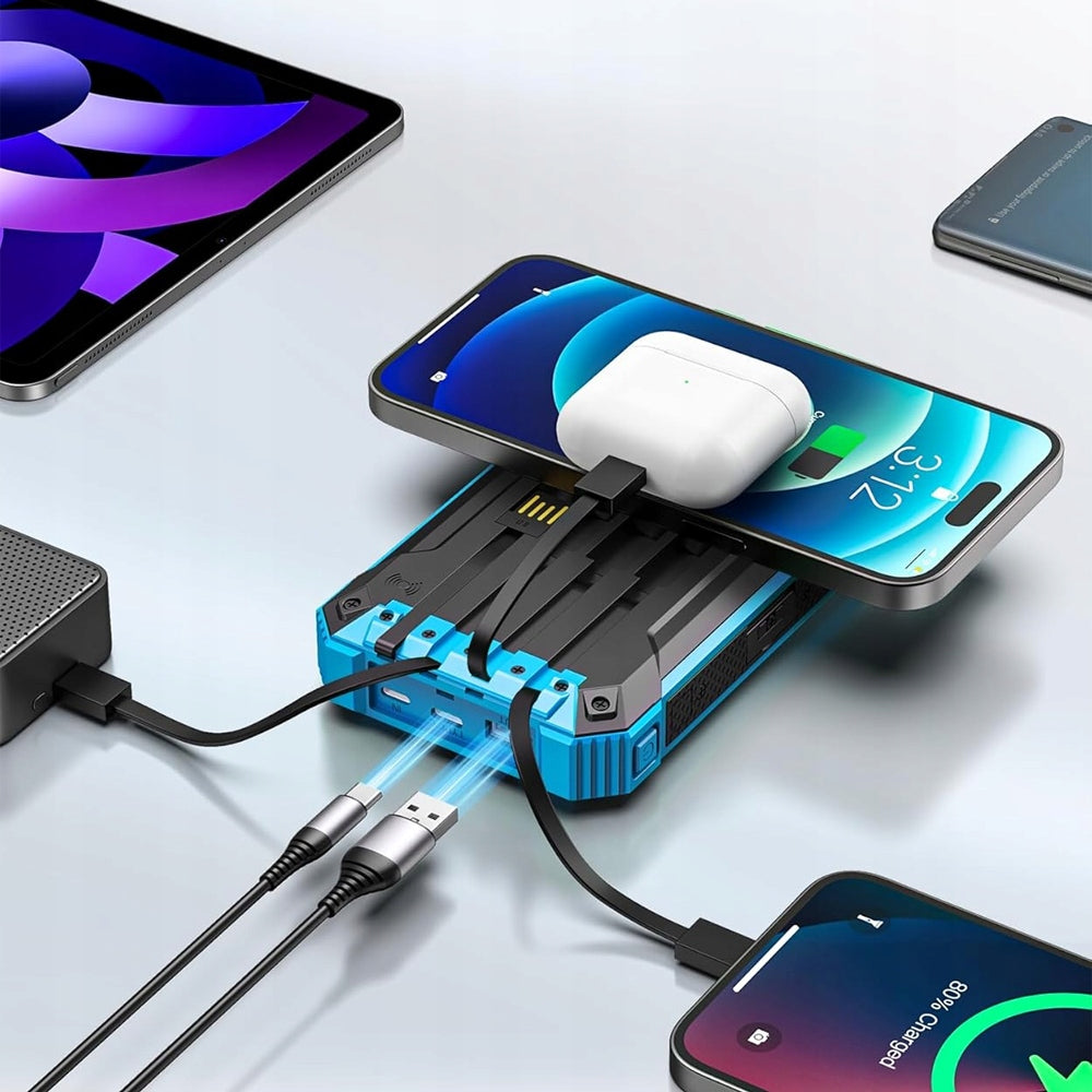 Solar powerbank wireless 26800 mAh 4 kabeliai LED žibintuvėlis, atsparus vandeniui