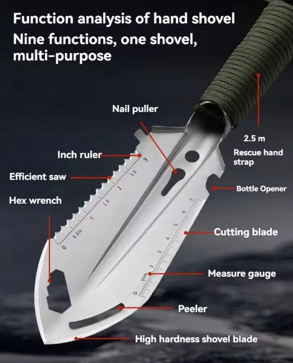 6 viename daugiafunkcis mini kastuvas su peiliu, pjūklu ir dėklu