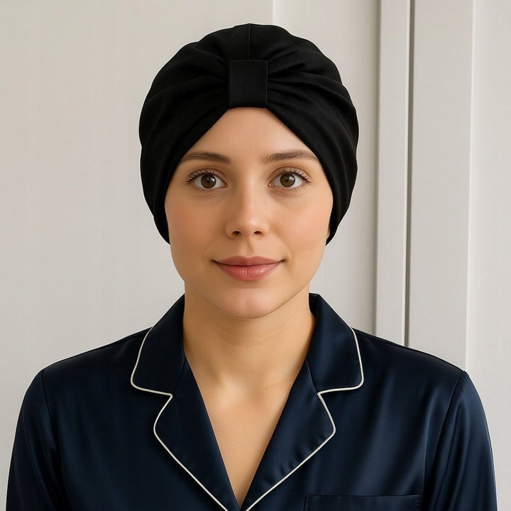 Šilkinė turbaninė plaukų kepuraitė iš 100 % natūralaus šilkmedžio šilko – juoda