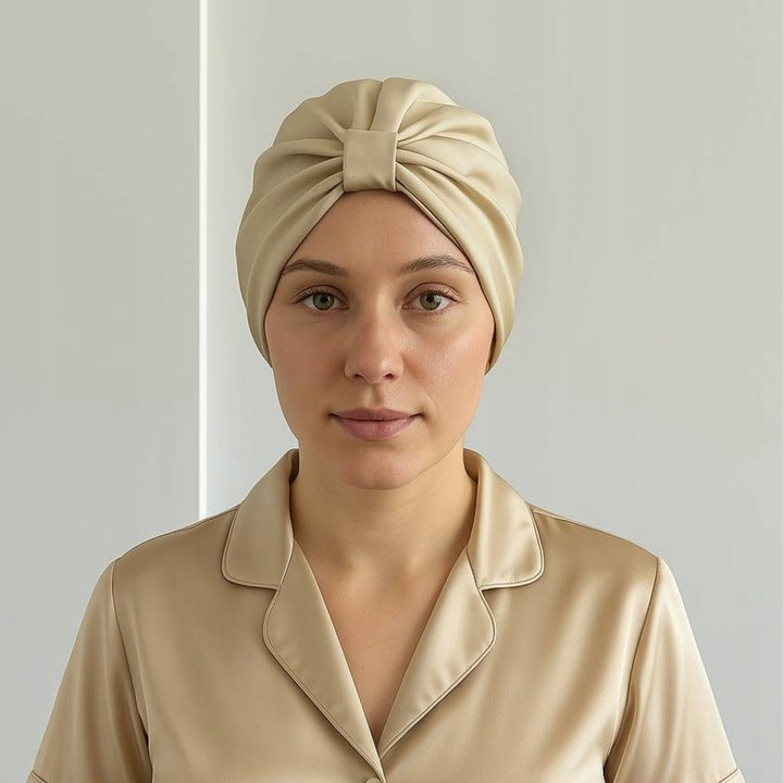 Šilkinė turbaninė plaukų kepuraitė iš 100 % natūralaus šilkmedžio šilko –šampano spalvos