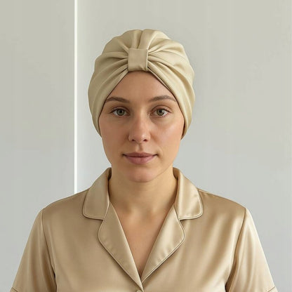 Šilkinė turbaninė plaukų kepuraitė iš 100 % natūralaus šilkmedžio šilko –šampano spalvos