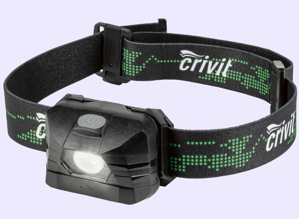 LED galvos žibintas Crivit su 200 liumenų šviesa, skirtas žygiams, darbams ir dviračiams