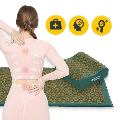 Akupresūrinis kilimėlis su masažiniais dygliais, stimuliuoja kraujotaką, su XL dydžio pagalve