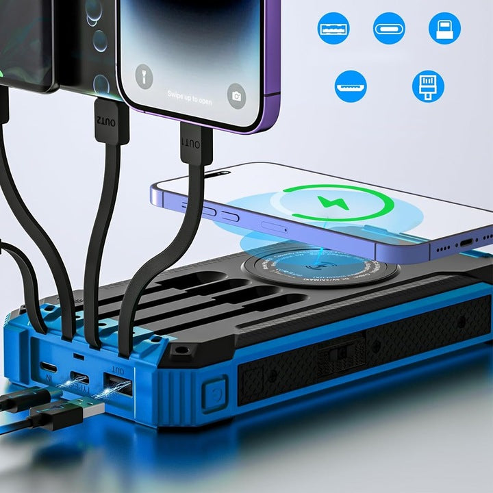 Solar powerbank wireless 26800 mAh 4 kabeliai LED žibintuvėlis, atsparus vandeniui