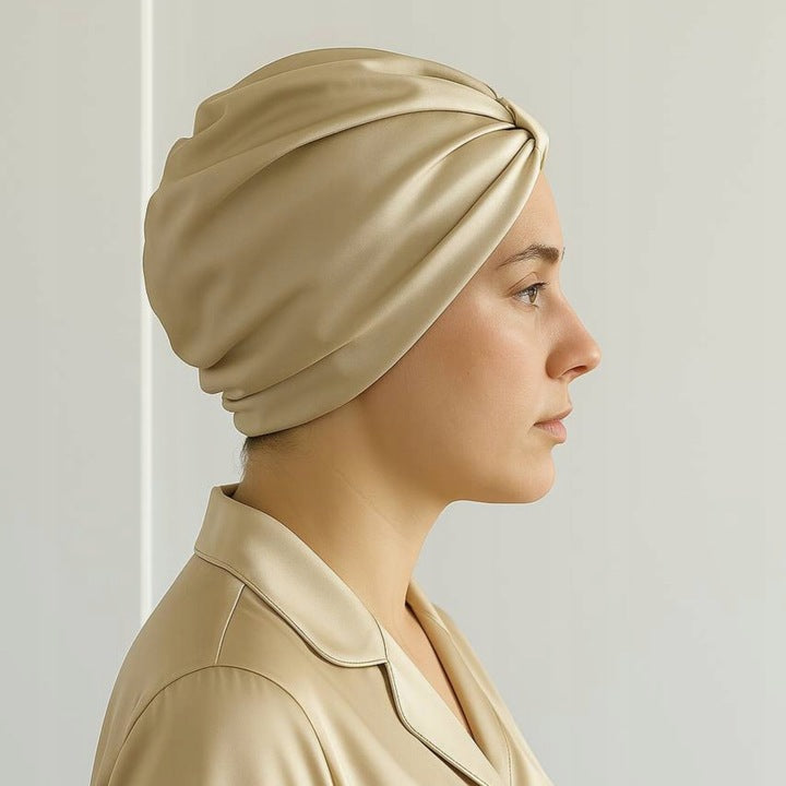 Šilkinė turbaninė plaukų kepuraitė iš 100 % natūralaus šilkmedžio šilko –šampano spalvos