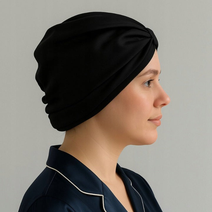 Šilkinė turbaninė plaukų kepuraitė iš 100 % natūralaus šilkmedžio šilko – juoda