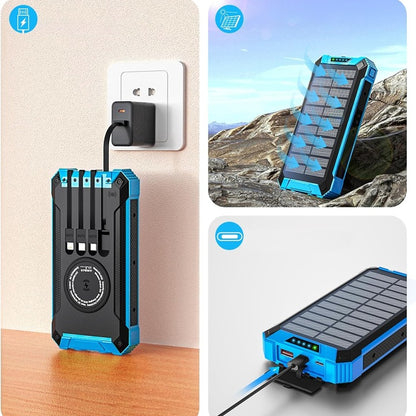 Solar powerbank wireless 26800 mAh 4 kabeliai LED žibintuvėlis, atsparus vandeniui