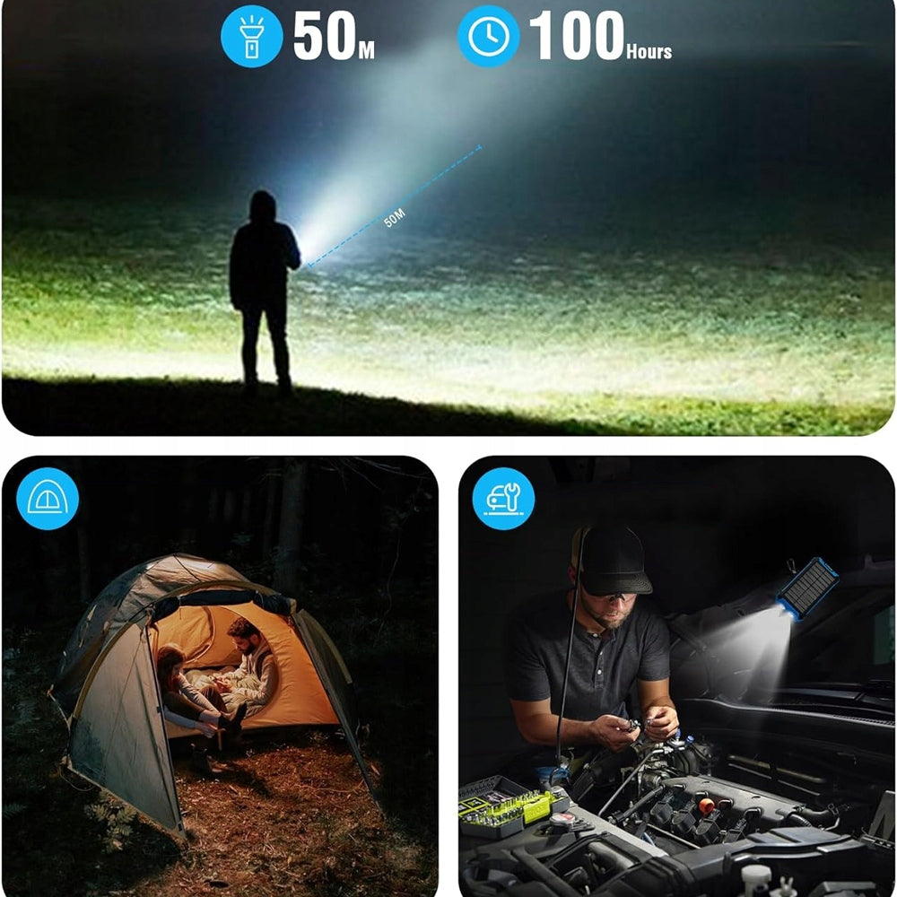 Solar powerbank wireless 26800 mAh 4 kabeliai LED žibintuvėlis, atsparus vandeniui