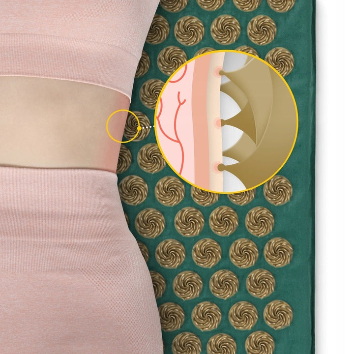 Akupresūrinis kilimėlis su masažiniais dygliais, stimuliuoja kraujotaką, su XL dydžio pagalve