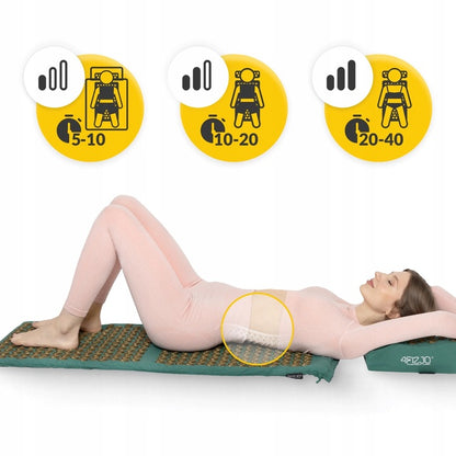 Akupresūrinis kilimėlis su masažiniais dygliais, stimuliuoja kraujotaką, su XL dydžio pagalve