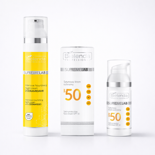 Bielenda veido kremų rinkinys: naktinis kremas su keramidai + apsauginis SPF 50 kremas