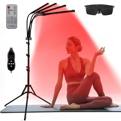 Juoda infraraudonųjų spindulių terapinė lempa su 180 LED, skirta šviesos terapijai ir raumenų atpalaidavimui, su reguliuojamu trikoju.