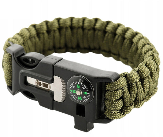 Paracord apyrankė su magnio kreziu, kompasu ir švilpuku, oliva spalvos