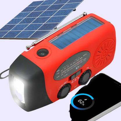 : Raudonas nešiojamas avarinis radijo imtuvas su saulės baterija, žibintuvėliu ir įkrovimo rankenėle – 2000 mAh powerbank funkcija.