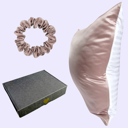 Rinkinys: Šilkinis pagalvės užvalkalas 40x60 su medvilne + šilkinė plaukų gumyte Rausva