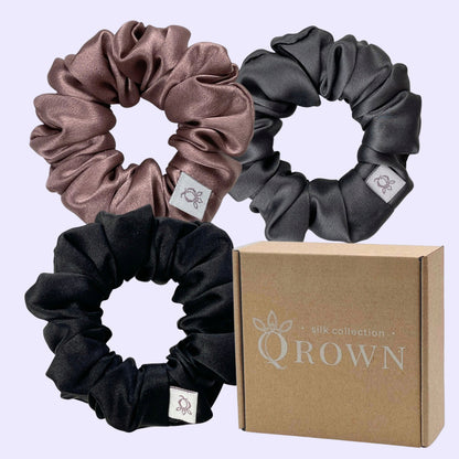 Šilkinės plaukų gumutės 3 dalių, tamsus, Qrown