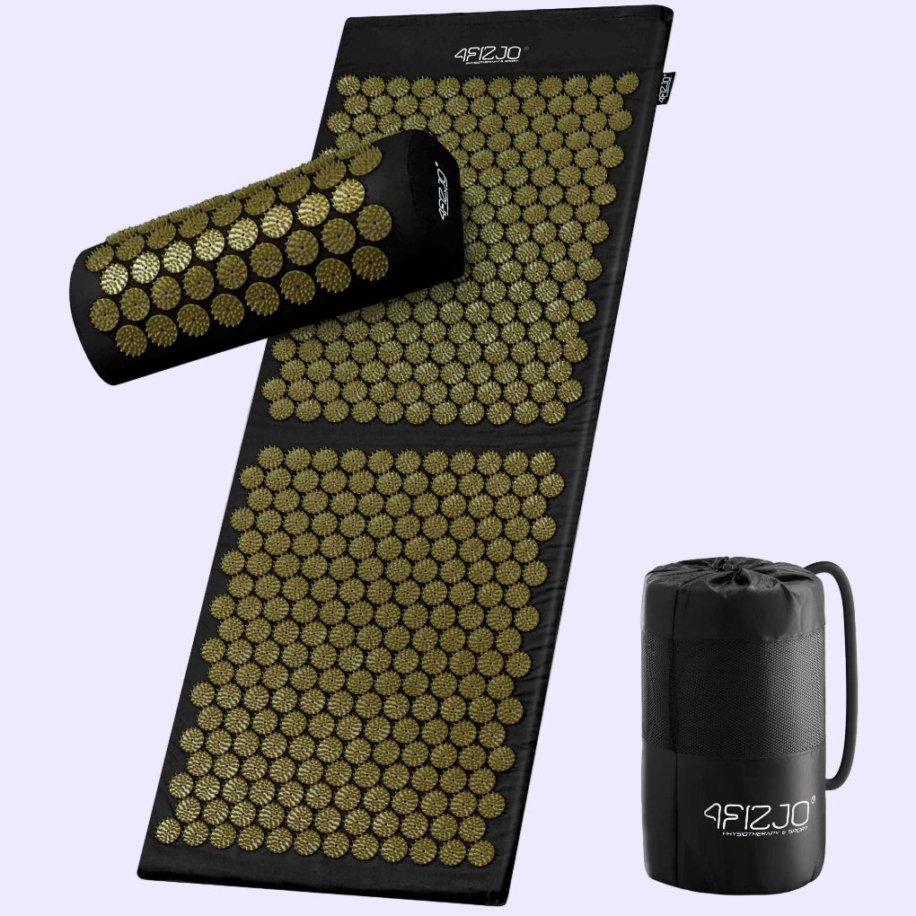 Juodas su auksinėmis detalėmis akupresūros kilimėlis su pagalvėle, 4FIZJO modelis, kraujotakai ir skausmo malšinimui