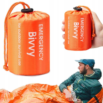 Oranžinis „Bivvy Emergency“ miegmaišis – atsparus vandeniui, šilumą išlaikantis, išgyvenimui