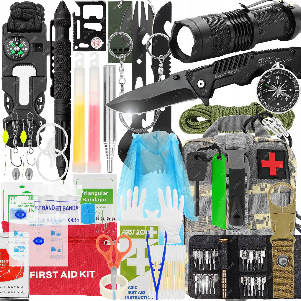 XXXL karinis išgyvenimo rinkinys su įrankiais ir kuprine, skirtas kelionėms ir ekstremalioms situacijoms gamtoje.