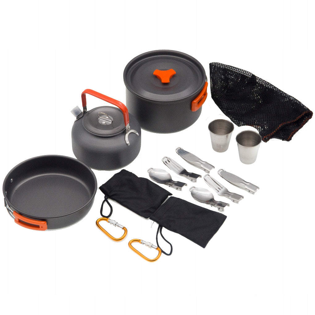 ambler“ stovyklavimo virtuvės reikmenų rinkinys 2 žmonėms: puodas, virdulys, keptuvė, puodeliai ir įrankiai su krepšiu