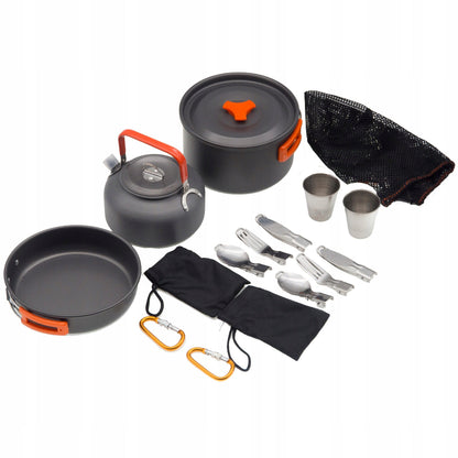 ambler“ stovyklavimo virtuvės reikmenų rinkinys 2 žmonėms: puodas, virdulys, keptuvė, puodeliai ir įrankiai su krepšiu