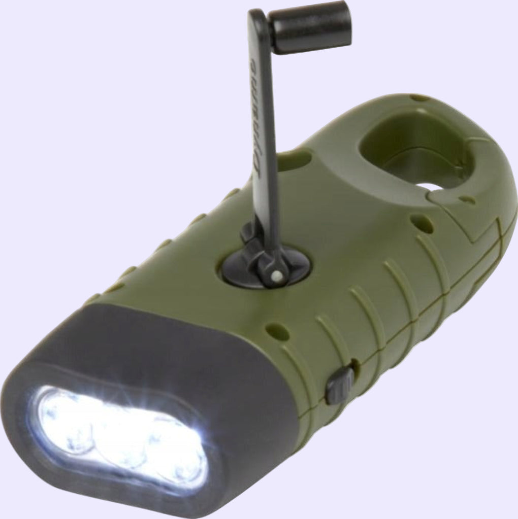 Dynamo saulės žibintuvėlis su generatoriumi STAC – 3 LED, baterija, karabinu