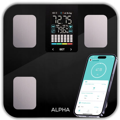 Elektroninės vonios svarstyklės Alpha su spalvotu LED ekranu ir išmaniąja kūno sudėties analize.