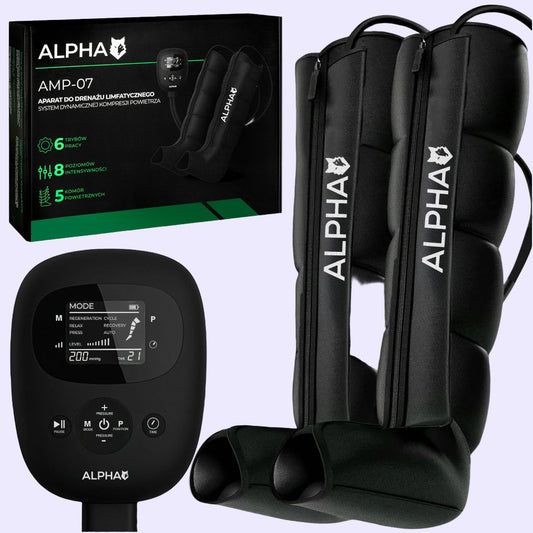 Belaidis limfodrenažinis kojų masažuoklis Alpha su nuotolinio valdymo pulteliu ir 5 oro kameromis.