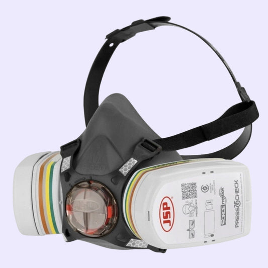 JSP Force8 pusinė respiratorinė kaukė su dviem ABEK1 P3 filtrais, tinkama darbui su cheminėmis medžiagomis, dažais ir dulkėmis
