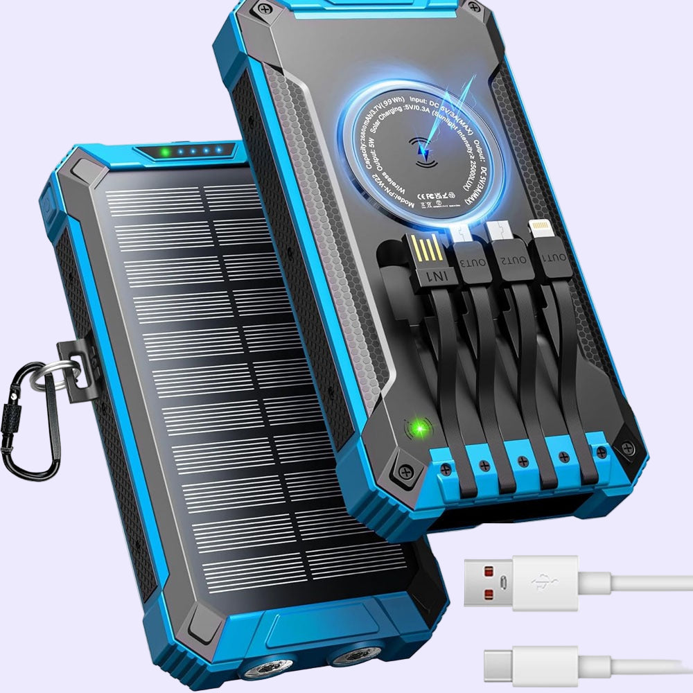 Juodos ir mėlynos spalvos saulės energija įkraunamas powerbankas su belaidžiu įkrovimu ir LED žibintuvėliu, skirtas kelionėms ir ekstremalioms sąlygoms.