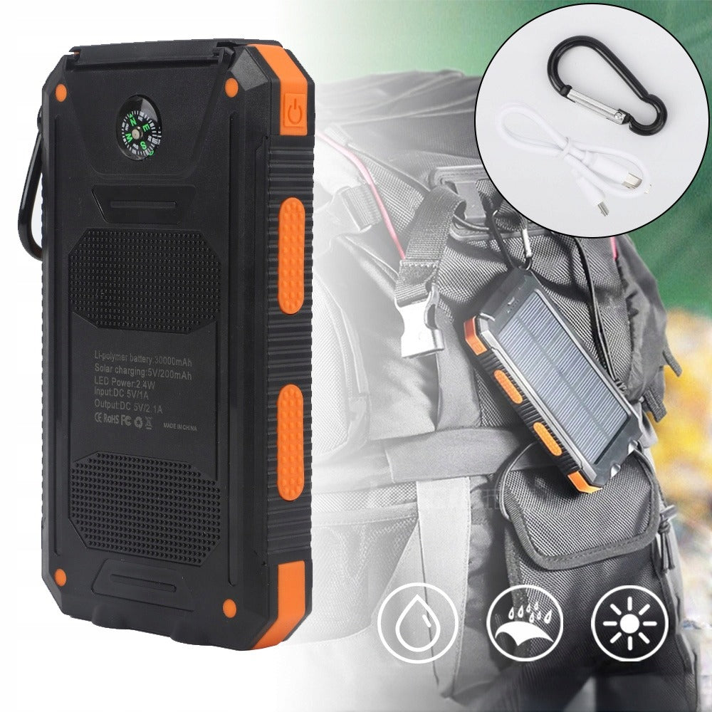 Powerbankas 30000 mah su saulės įkrovimu, žibintuvėliu ir kompasu