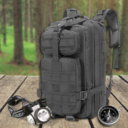 Juoda karinė taktinė kuprinė su 38 litrų talpa, atspari vandeniui, tinkama kelionėms ir išgyvenimui